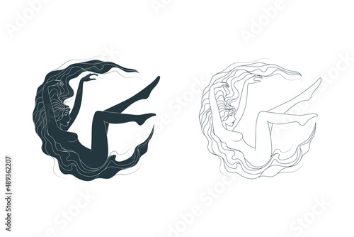Celestial feminine art. Goddesses  silhouettes floating through space, esoteric theme. Vector illustration set for greeting cards and posters.