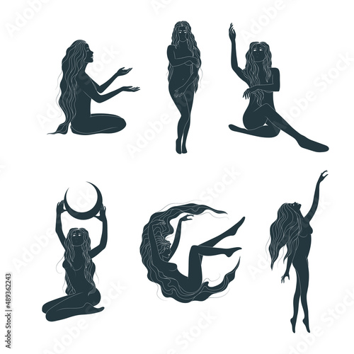 Celestial  naked female silhouettes in different poses .  Collection of women line art style vector illustration. Boho  linear drawing for femininity poster, card or tattoo.