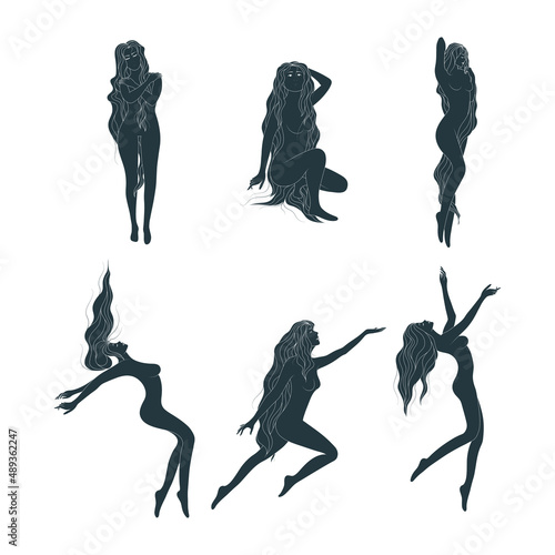 Graceful long-haired naked female   silhouettes in different poses. Collection of women line art style vector illustration. Boho linear drawing for femininity poster, card, tattoo or fashion print.