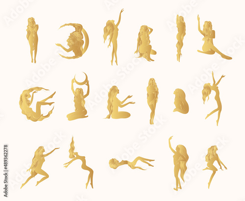 Celestial naked female golden silhouettes in different poses isolated on white background. Set of 17 women line art vector illustrations in boho style for card and  femininity posters.