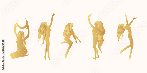 Celestial naked female golden silhouettes in different poses isolated on white background. Set of 5 women line art vector illustrations in boho style for card and  femininity posters.