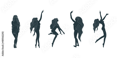 Graceful long-haired naked female silhouettes in different poses. Collection of women line art style vector illustration. Boho linear drawing for femininity poster, card, tattoo or fashion print.