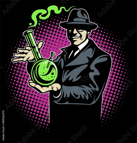 Man in a business suit and hat, holding the bong for smoking weed.