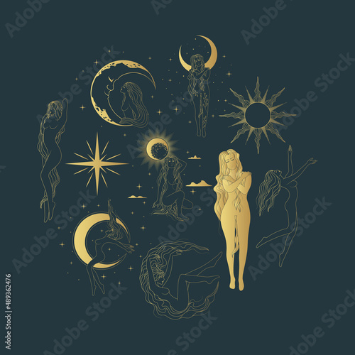 Set of female golden silhouettes,  starry sky, the sun, planets and the moon. Line art design esoteric elements for greeting cards and posters. Celestial magic vector illustration.