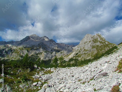 Scenic view of alpine landscape in Triglav national park and Julian alps in Gorenjska region of Slovenia with mountain Triglav in the background