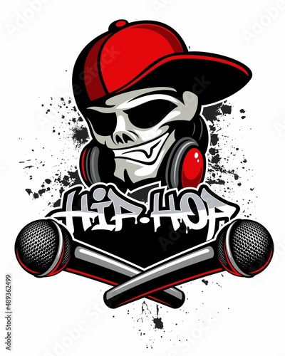 Cartoon style human skull with the baseball cap, headphones and two crossed stage microphones. Rap battle vector concept, isolated on white background.