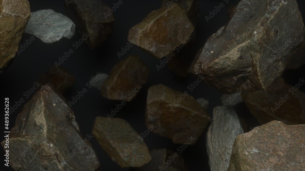 Rocks set on grey dark background. Fly rocks pieces background. 3d rendering