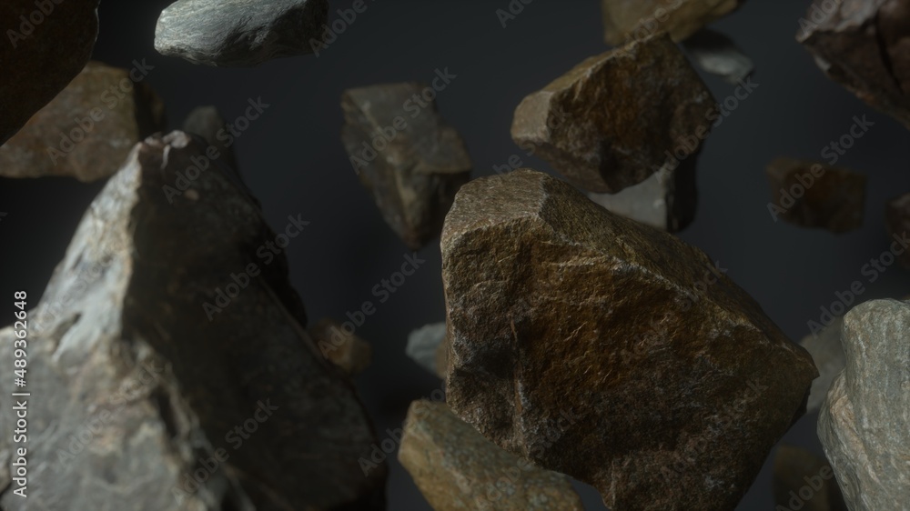 Fototapeta premium Rocks set on grey dark background. Fly rocks pieces background. 3d rendering