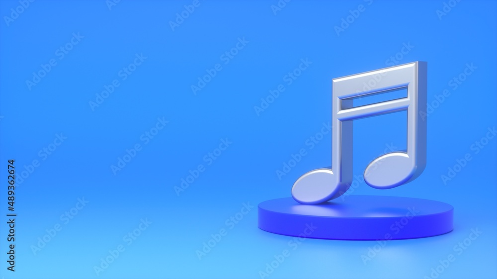 Metal sign of a musical note on a dark blue podium on a blue background. The concept of music, sounds, melodies, sound design. 3d rendering Metal sign of a musical note on a dark blue podium on a blue background. The concept of music, sounds, melodies, sound design. 3d rendering