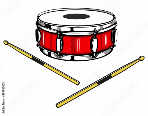 Snare drum with the two drum sticks, isolated on white background.