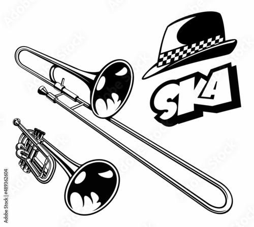 Ska style set, musical brass instruments, isolated on white background. photo