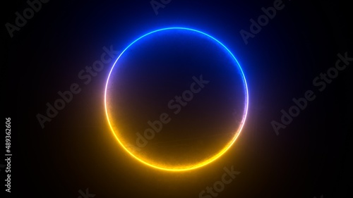 Abstract neon background with glowing blue orange ring on dark background. Empty glowing techno backdrop. Luminous swirling. Floor reflection. Frame, circle, ring shape, empty space. 3D illustration