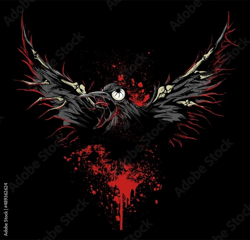 Scary screaming zombie crow image with the blood stains on background.