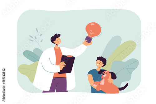 Veterinarian with light bulb flat vector illustration. Veterinary physician having good idea and making diagnosis for sick dog. Pet, health care concept for banner, website design or landing web page