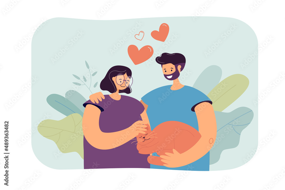 Young couple holding cat flat vector illustration. Cute man and woman getting pet, hugging, stroking sleeping kitten, enjoying life. Love, family concept for banner, website design or landing web page Young couple holding cat flat vector illustration. Cute man and woman getting pet, hugging, stroking sleeping kitten, enjoying life. Love, family concept for banner, website design or landing web page
