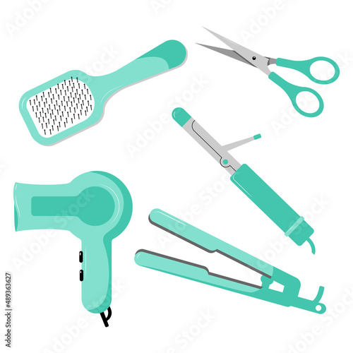 A set of hair care products: comb, curling iron, hair straightener, hair dryer, scissors