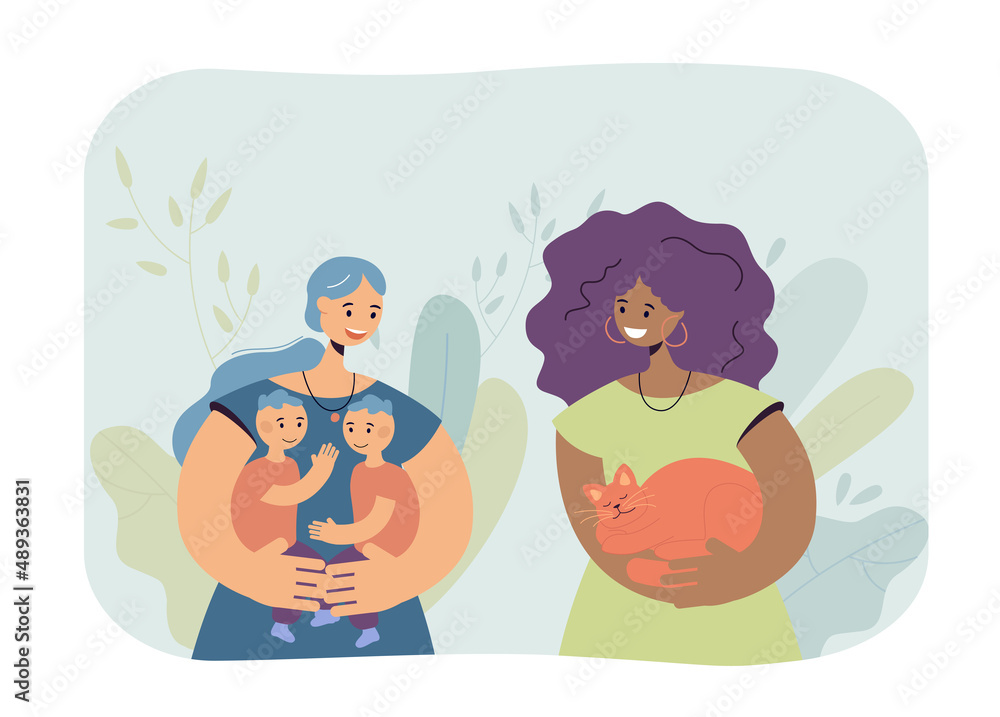 Two women holding kids and cats flat vector illustration. Cute female pet lover and mother talking, taking care of babies. Care, love concept for banner, website design or landing web page Two women holding kids and cats flat vector illustration. Cute female pet lover and mother talking, taking care of babies. Care, love concept for banner, website design or landing web page