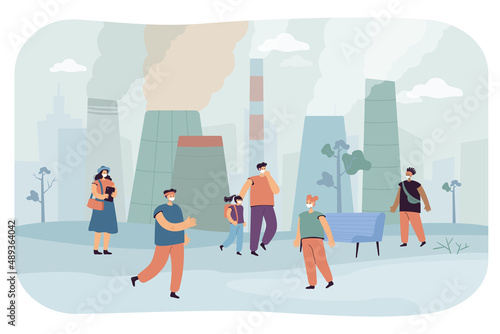 Cartoon people in masks due to industrial emissions from plants. Fine dust or smog in air flat vector illustration. Pollution, environment, coronavirus, technology concept for banner or website design