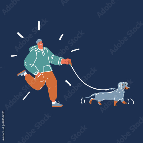 Cartoon vector illustration of man walk with dogs. People running, walking with dog healthy lifestyle.