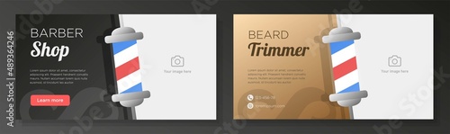 Barber shop business online banner template set, hairdresser care service corporate advertisement, horizontal ad, barber pole campaign webpage, flyer, creative brochure, isolated on background