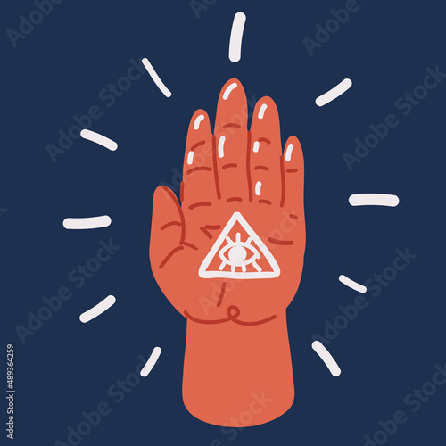 Cartoon vector illustration of Hands with all seeing eye. Mystic and occult hand drawn symbols. Spirituality, astrology and esoteric concept.