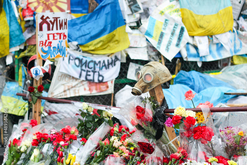 Kyiv, Ukraine - 6th of March, 2014: Memorial with candles and posters on Maidan. Ukrainian war with Russia. High-quality photo