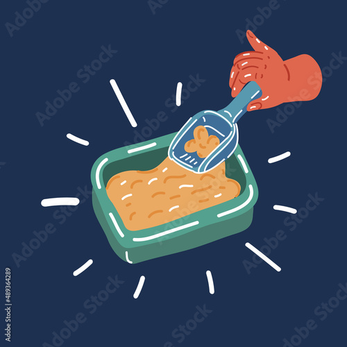 Cartoon vector illustration of hand with shovel cleaning litter box