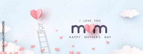 Mum postcard with paper flying elements, man and balloon on blue sky background. Vector symbols of love in shape of heart for Happy Mother's Day greeting card design