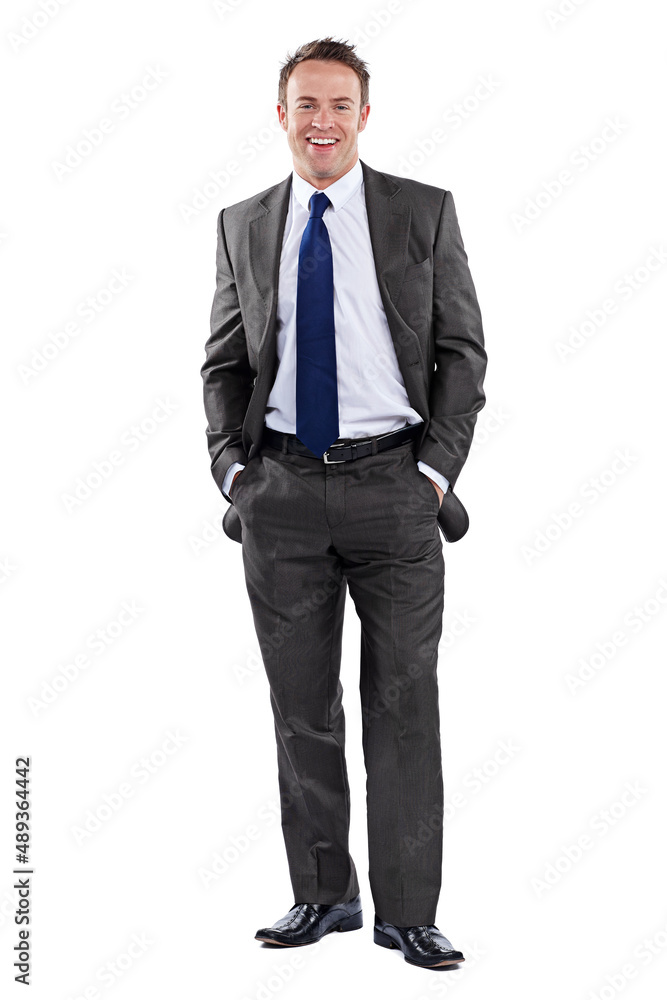 Business is good. Full length portrait of a businessman standing with his hands in his pockets against a white background. Business is good. Full length portrait of a businessman standing with his hands in his pockets against a white background.