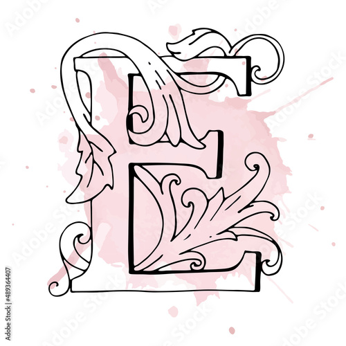 Letters E Drop Caps. Vector hand-drawing letter. Fabulous floral ornament. Black outline. Transparent background.