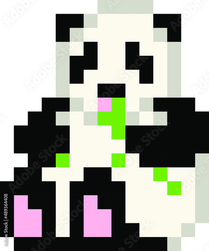 Pixel 8 bit panda bear eating bamboo - isolated, vector