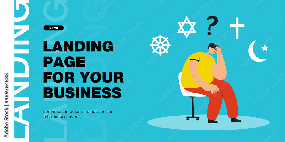 Obraz premium Cartoon man choosing religion flat vector illustration. Man thinking about world religions, symbols of Christianity, Judaism, Buddhism, Islam above him. Religion, tradition, hesitation, choice concept