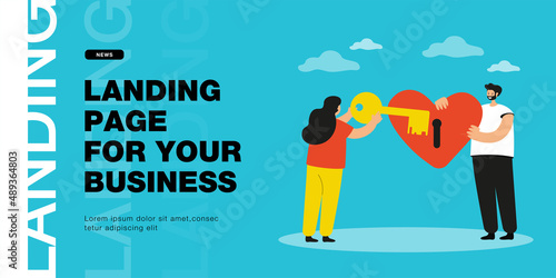 Man and woman holding giant heart and key together. Flat vector illustration. Woman opening heart with keyhole, which man holding in hands. Love, romance, relationship, family concept for design