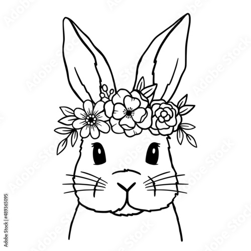 Cute Rabbit Line Art. Bunny with Flower Crown. Easter Bunny. Bunny sketch vector illustration. Good for posters, t shirts, postcards.