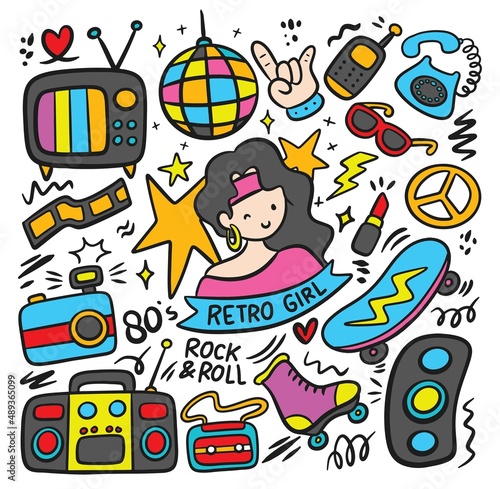 80 s trend related object  retro style fashion doodle illustration