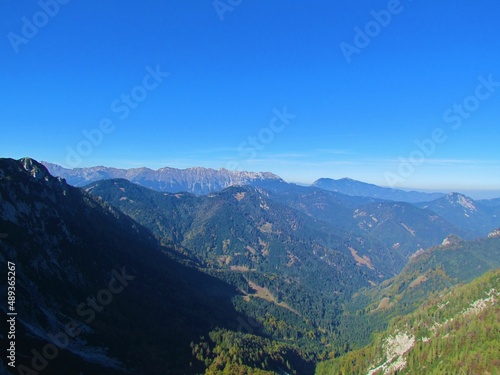 Beautiful scenic view of the mountains and hills in the Karavanke mountains in Gorenjska region of Slovenia on a clear sunny day © kato08