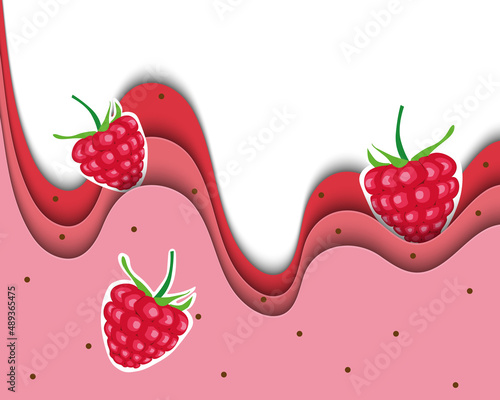 Raspberry sticker. Origami berry juice background. Paper banner design. Vector illustration. Eps10