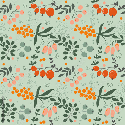 Seamless pattern with berries and herb on green background. Vector illustration in flat style. Nature floral background for wrapping paper or textile.