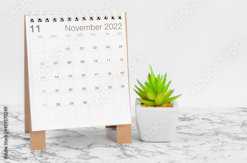November 2022 desk calendar with plant on marble table.
