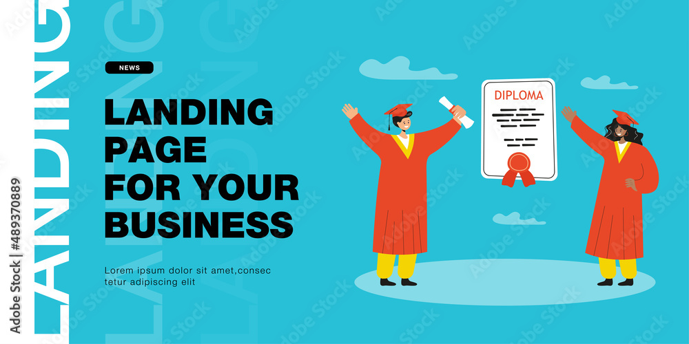 Happy graduates with huge diploma. Certificate between standing female students in graduation caps flat vector illustration. Graduation, education concept for banner, website design or landing page Happy graduates with huge diploma. Certificate between standing female students in graduation caps flat vector illustration. Graduation, education concept for banner, website design or landing page