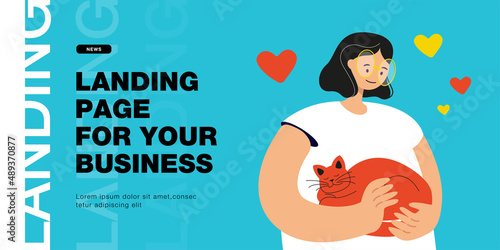 Cartoon woman hugging cat affectionately. Flat vector illustration. Girl with white hair holding red-haired pet in her hands with feeling of affection. Pet, animal, care, loneliness, love concept