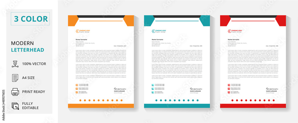 Creative Modern  & Clean business style letterhead. Minimalist concept business style letterhead template design. letterhead design in red, yellow, green & blue for a corporate office. set to print
