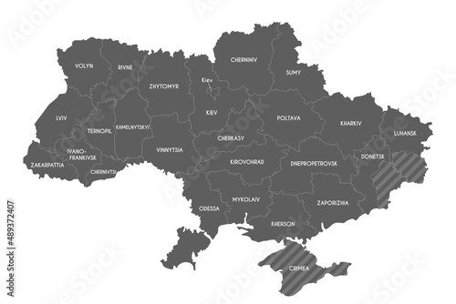 Map of Ukraine with regions, administrative divisions and territories claimed by Russia. Editable and clearly labeled layers.
