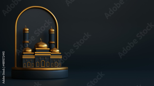 Canvas Print Ramadan kareem islamic greeting background with gold mosque on podium