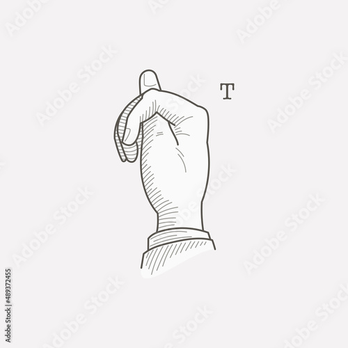 T letter logo in a deaf-mute hand gesture alphabet.