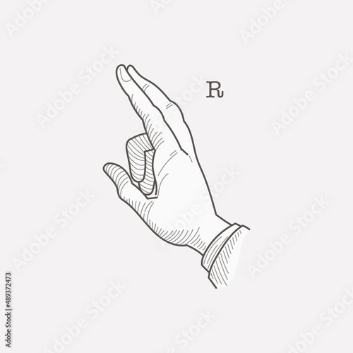 R letter logo in a deaf-mute hand gesture alphabet.