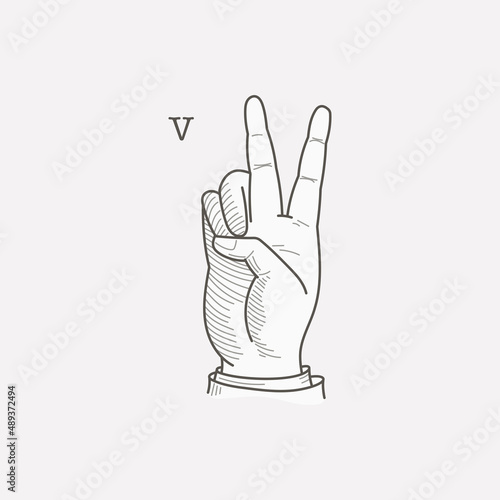 V letter logo in a deaf-mute hand gesture alphabet.