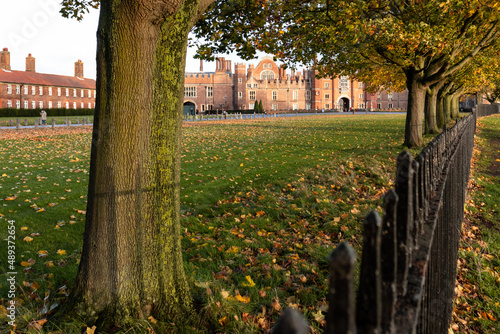 Fototapeta Naklejka Na Ścianę i Meble -  Tudor facade and main entrance to Hampton Court Palace seen through plane trees that line the footpath next to the river Thames