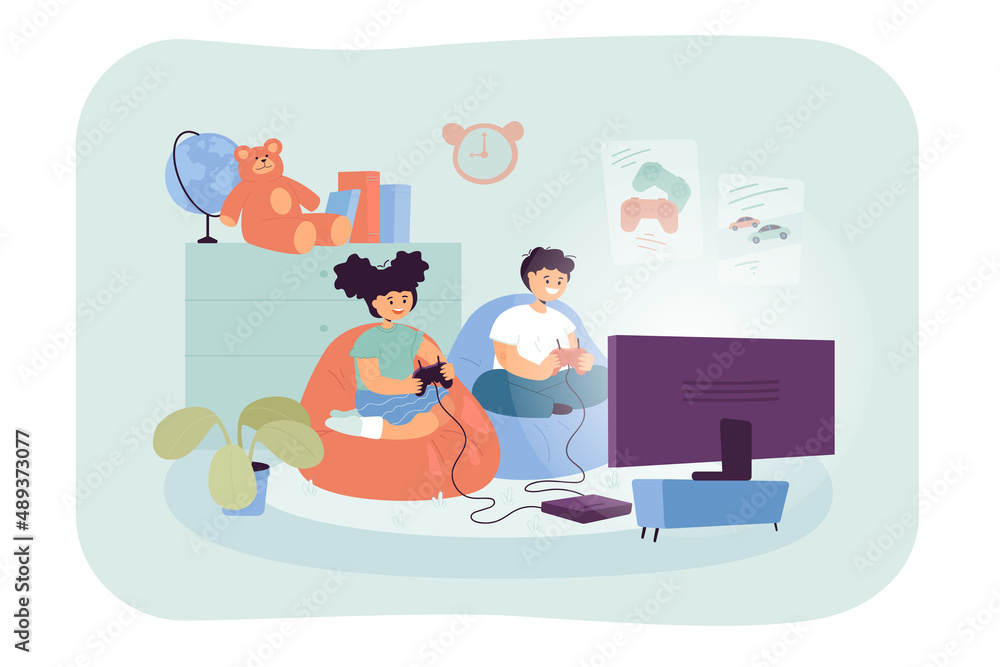Little kids playing videogames on TV together. Room interior with children watching television screen while playing game flat vector illustration. Entertainment, leisure concept for banner Little kids playing videogames on TV together. Room interior with children watching television screen while playing game flat vector illustration. Entertainment, leisure concept for banner