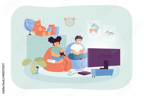 Little kids playing videogames on TV together. Room interior with children watching television screen while playing game flat vector illustration. Entertainment, leisure concept for banner